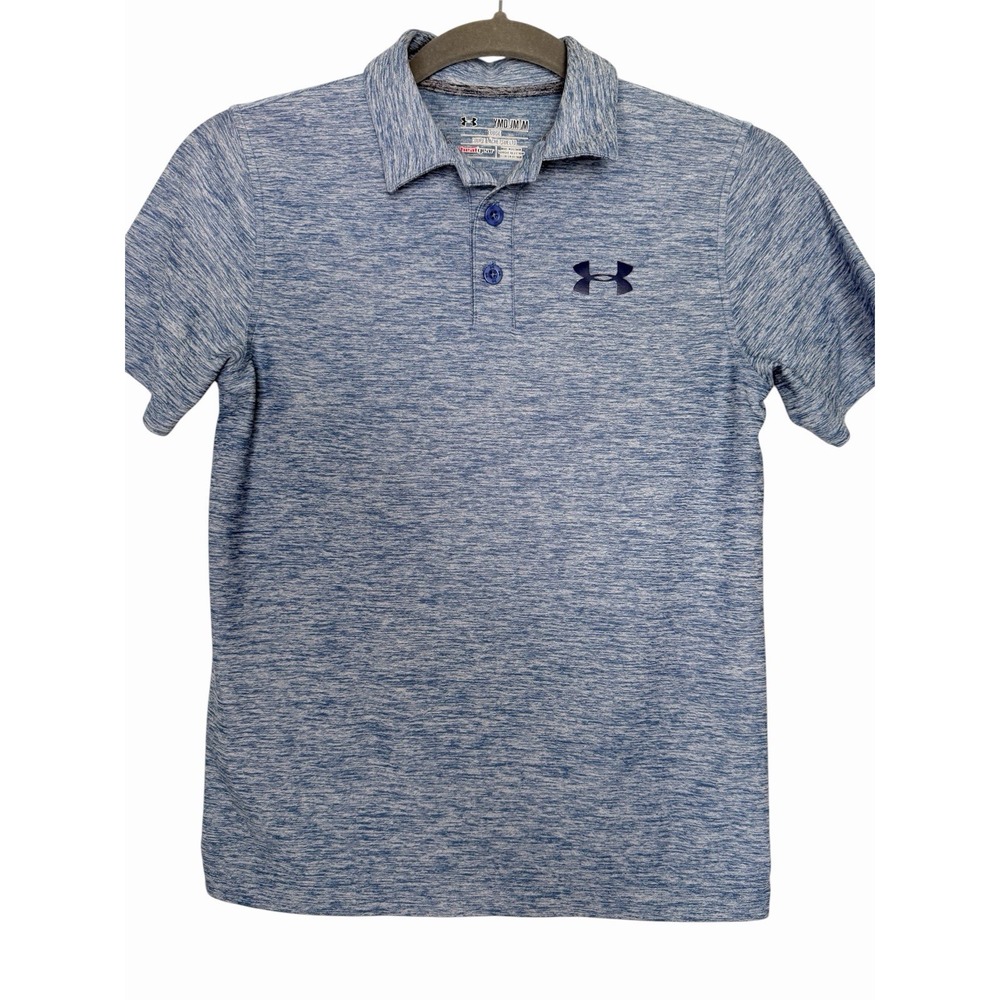 Under Armour Boys Youth Medium Blue Heather Performance Polo Shirt Heat Gear - Picture 1 of 6